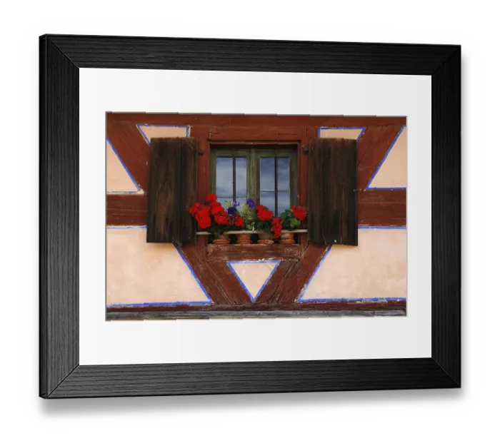 Framed Print : Window with shutters and geraniums on farmhouse Framed Print : Window with shutters and geraniums on farmhouse