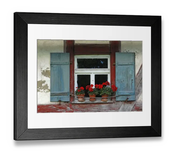 Framed Print : Window with shutters and flowering geraniums on the shepherds house built in 1744 Framed Print : Window with shutters and flowering geraniums on the shepherds house built in 1744