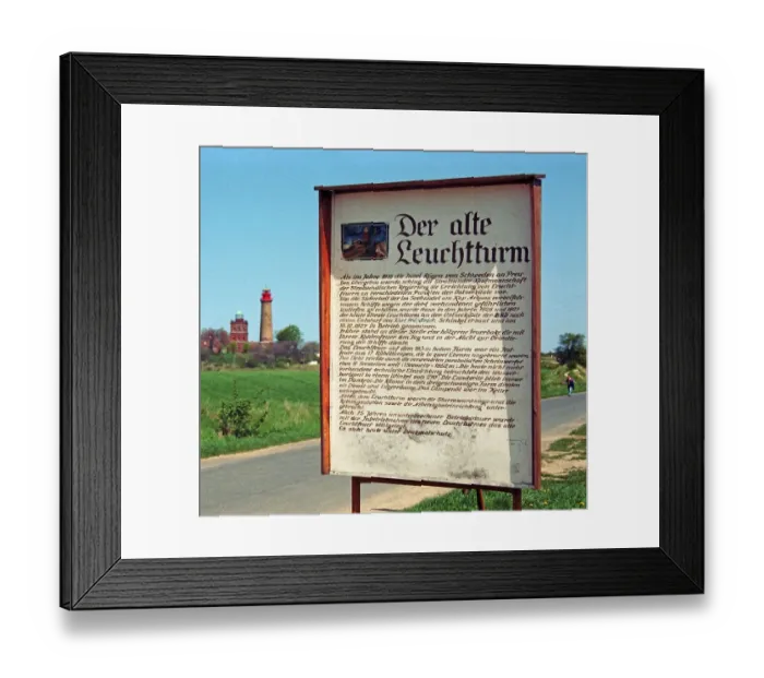 Framed Print : New and old lighthouse, information board with handwritten change from GDR to FRG and indication of the date of change Framed Print : New and old lighthouse, information board with handwritten change from GDR to FRG and indication of the date of change