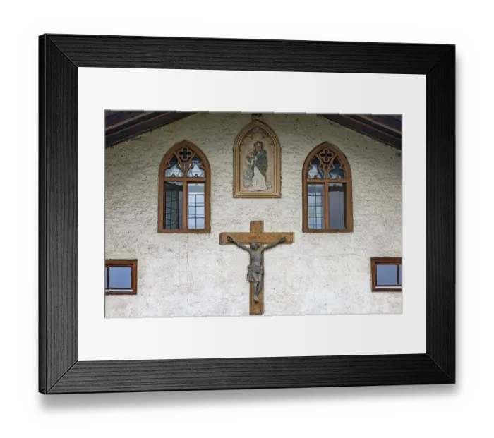 Framed Print : Holy figures and neo-Gothic window frames on a farmhouse