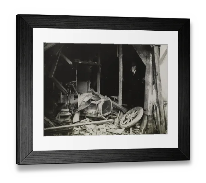 Framed Print : History of the automobile, car wreck after an accident around 1910