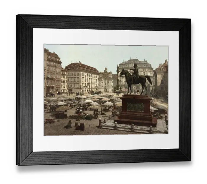 Framed Print : Am Hof, Vienna, Austria, with open air market and equestrian statue in foreground