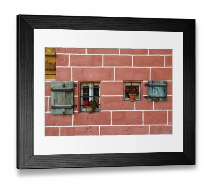 Framed Print : Window with shutters and geraniums on a mill Framed Print : Window with shutters and geraniums on a mill