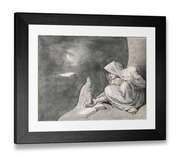 Framed Print : A witch in the moonlight opening her hand to a small creature Framed Print : A witch in the moonlight opening her hand to a small creature