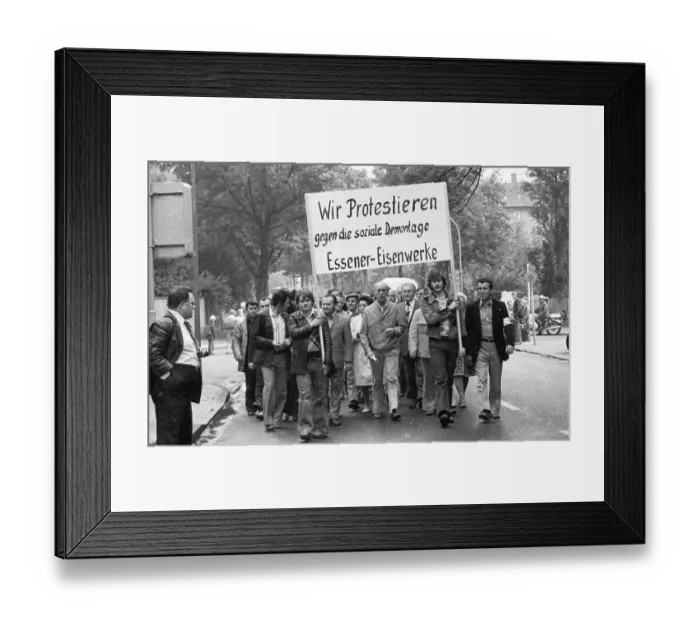 Framed Print : Workers of the Essen ironworks demonstrated against the reduction of social benefits after a works meeting in Essen