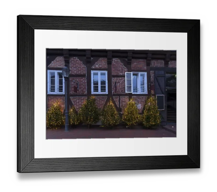 Framed Print : Christmas trees illuminated in front of a historic Witshaus