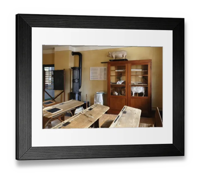 Framed Print : Classroom with cannon stove and biology cupboard