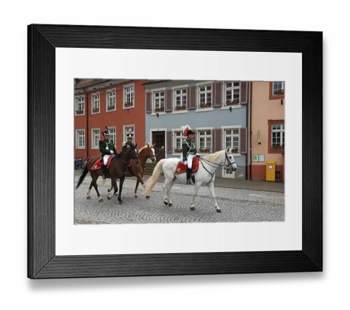 Framed Print : Napoleonic horsemen around 1808 patrolling the streets of Gengenbach at a festival Framed Print : Napoleonic horsemen around 1808 patrolling the streets of Gengenbach at a festival