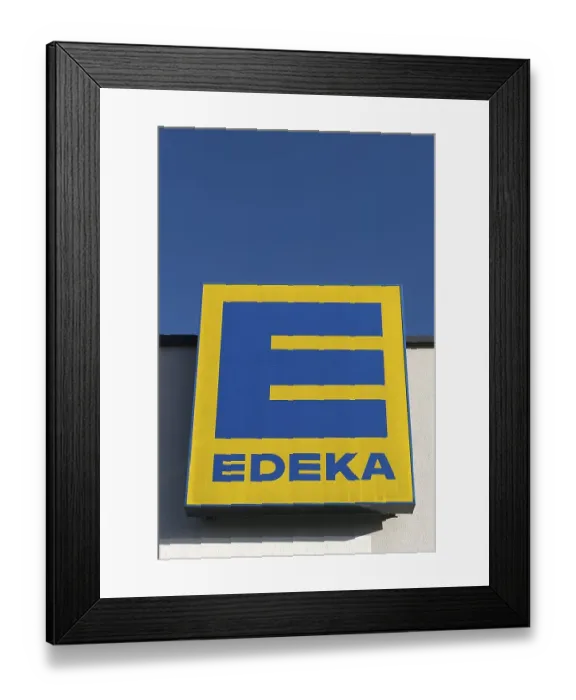 Framed Print : EDEKA logo, blue sky, Bavaria, Germany, Europe