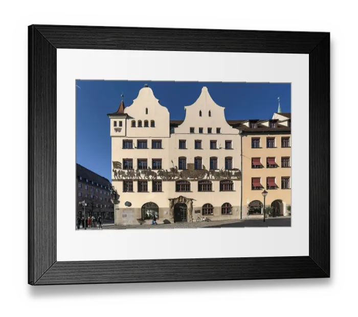 Framed Print : Chamber of Industry and Commerce with a mural depicting a medieval merchant procession