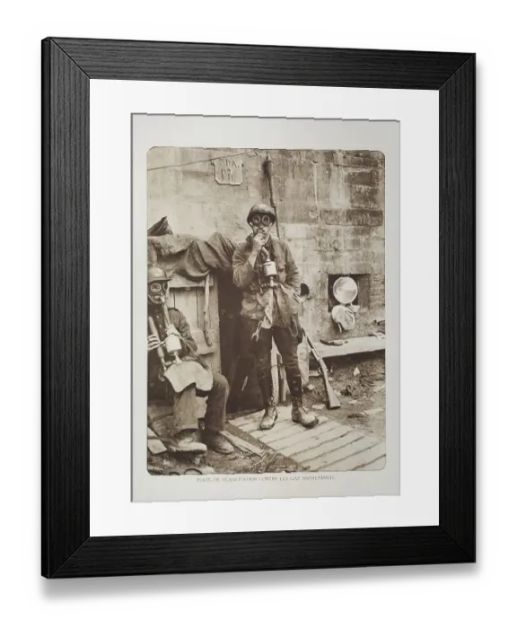 Framed Print : Soldiers with gas masks near bunker in Flanders during the First World War