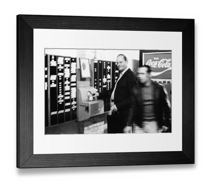Framed Print : Workers and employees at the time clock of the Pohlschroeder company in Dortmund