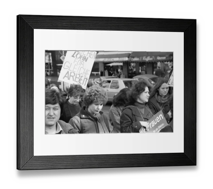 Framed Print : Equal pay was one of the main demands of woman at the International Women's Day demonstration in Duesseldorf