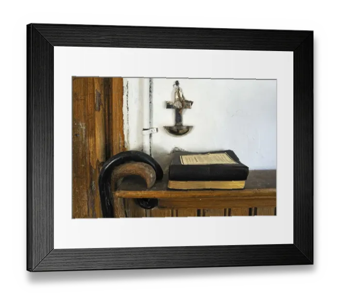 Framed Print : Hymnal, cross with holy water font and walking stick in a parlour at the time around 1940 Framed Print : Hymnal, cross with holy water font and walking stick in a parlour at the time around 1940