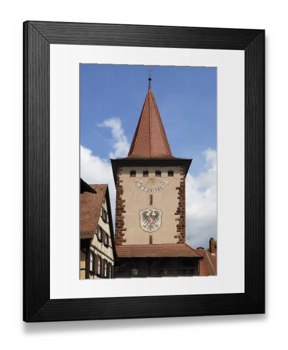 Framed Print : Upper gate of the Haigerach Gate from the 17th century with the town coat of arms and sundial