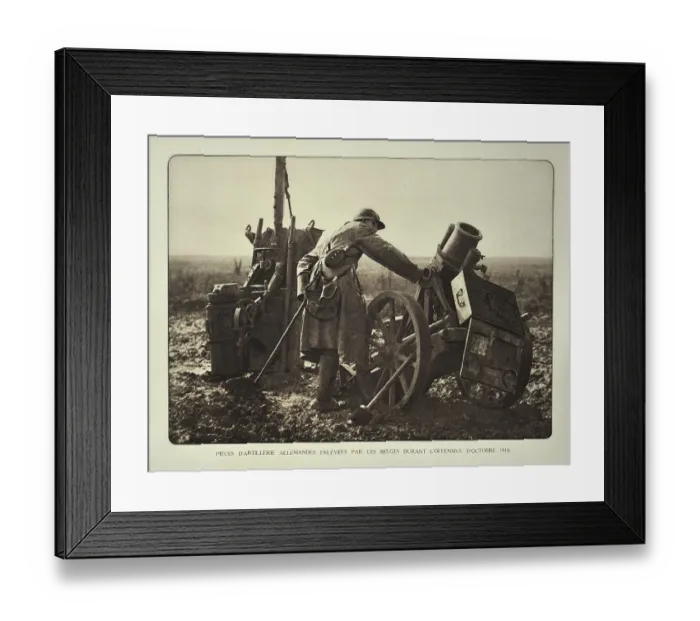 Framed Print : Soldier looking at German captured mortars Framed Print : Soldier looking at German captured mortars