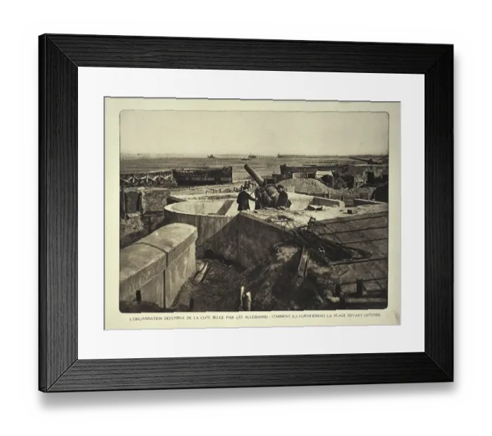 Framed Print : Soldiers with cannon at German fortification and bunkers on the beach at Ostend in Flanders during the First World War Framed Print : Soldiers with cannon at German fortification and bunkers on the beach at Ostend in Flanders during the First World War