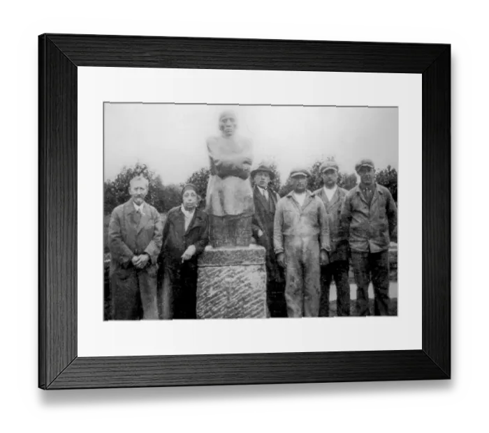 Framed Print : German artist Kaethe Kollwitz posing with husband in front of sculpture group The Grieving Parents Framed Print : German artist Kaethe Kollwitz posing with husband in front of sculpture group The Grieving Parents