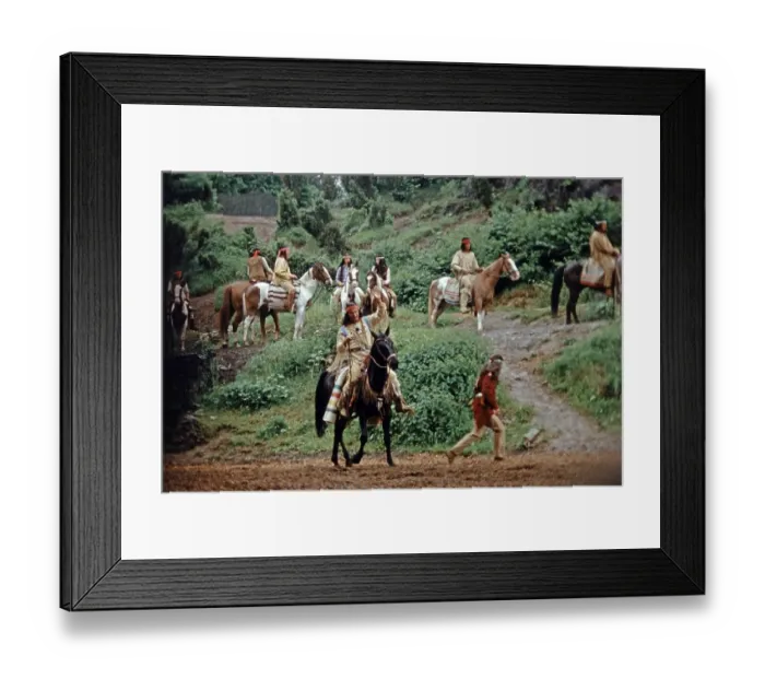 Framed Print : Pierre Brice as Winnetou and other actors riding horses in The Treasure in Silver Lake