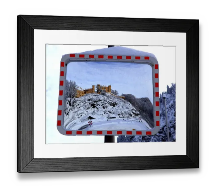 Framed Print : A traffic mirror shows Hohenschwangau Castle in winter