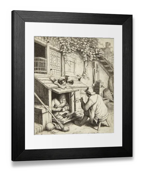 Framed Print : The shoemaker in a tiny shop on the street repairs a customer's shoes Framed Print : The shoemaker in a tiny shop on the street repairs a customer's shoes