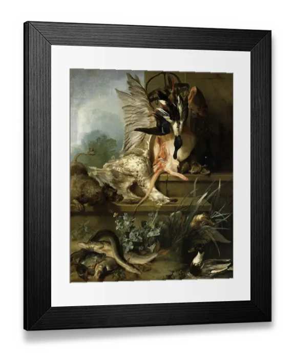 Framed Print : Hunting, Hunting Motif, Still Life with a Spaniel Hunting Ducks