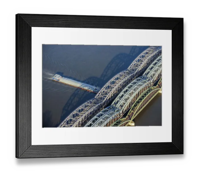 Framed Print : Aerial view of a barge under the Hamburg Elbe bridge Framed Print : Aerial view of a barge under the Hamburg Elbe bridge