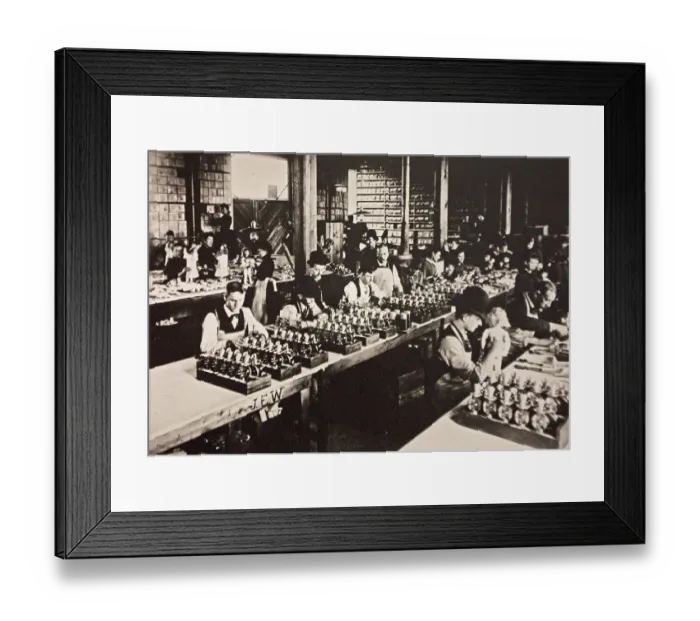 Framed Print : Conveyor belt for talking dolls, ca