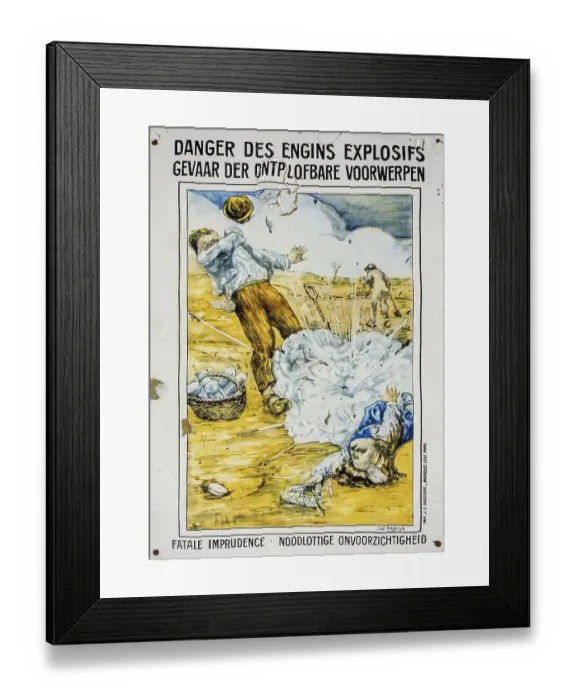 Framed Print : Belgian WWI poster warning civilians for the danger of collecting First World War One unexploded ordnance like bombs