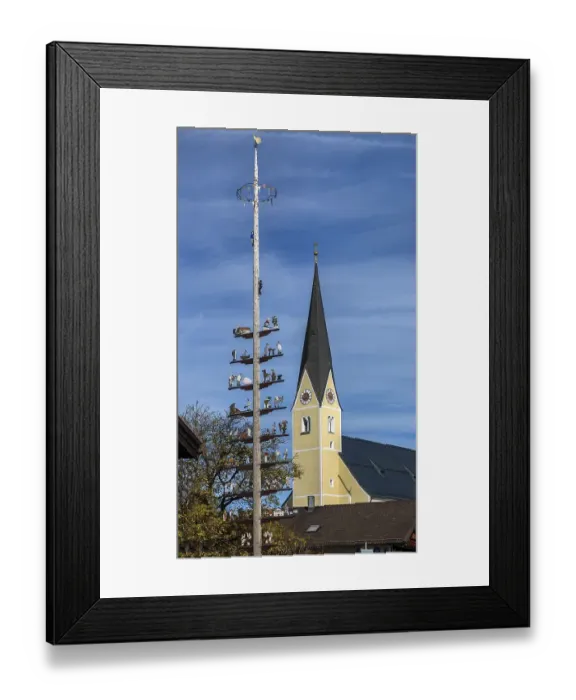 Framed Print : Maypole with the parish church of the Assumption of the Virgin Mary