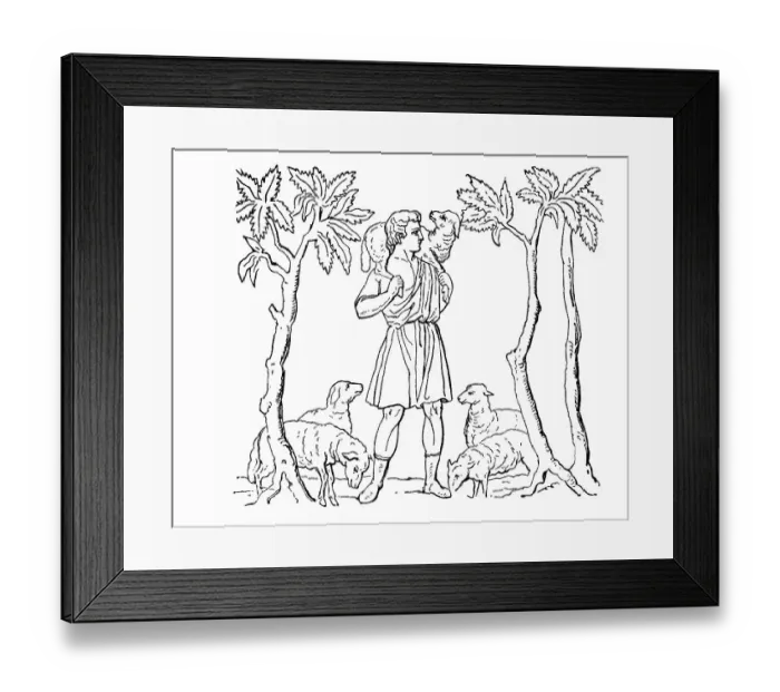 Framed Print : Black and white drawing, Christ as the Good Shepherd Framed Print : Black and white drawing, Christ as the Good Shepherd
