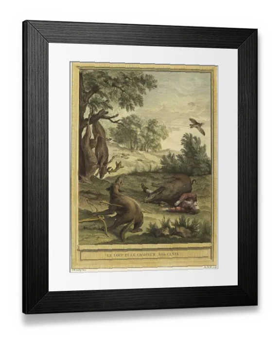 Framed Print : The Wolf and the Hunter, the wolf is hit by a crossbow arrow