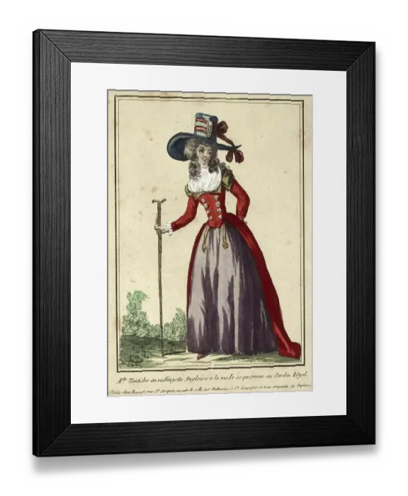 Framed Print : Woman in a fashionable English rodingotte walking through the Jardin Royal Framed Print : Woman in a fashionable English rodingotte walking through the Jardin Royal