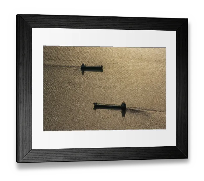 Framed Print : Aerial view of cargo ships on the Elbe at sunset Framed Print : Aerial view of cargo ships on the Elbe at sunset