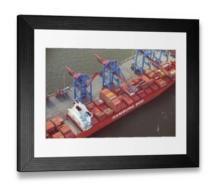 Framed Print : Aerial view of the container ship of the shipping company Hamburg Sued the Santa Teresa at the terminal Burchardkai