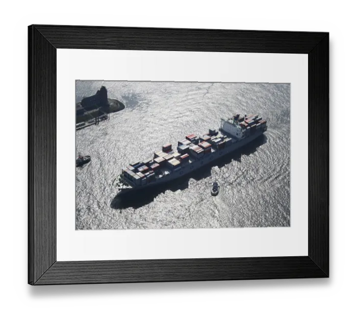 Framed Print : Aerial view of a container ship of the Chinese shipping company COSCO