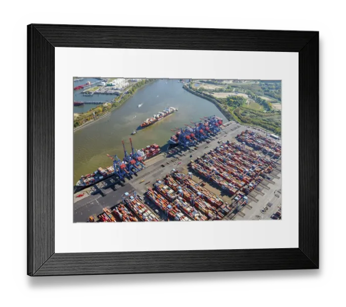 Framed Print : Aerial view of the container ship Montreal Express of Hapag Lloyd on the Suederelbe Framed Print : Aerial view of the container ship Montreal Express of Hapag Lloyd on the Suederelbe