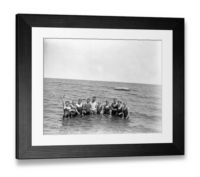 Framed Print : Bathing group on the beach, funny