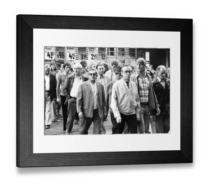 Framed Print : Workers of the Essen ironworks demonstrated against the reduction of social benefits after a works meeting in Essen