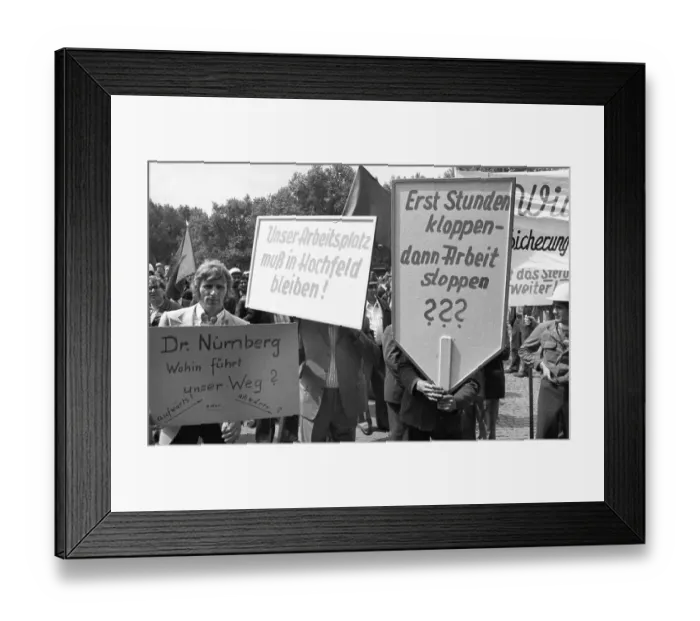 Framed Print : Steelworkers at the Thyssen works in Duisburg took to the streets out of concern for their jobs on 22 Framed Print : Steelworkers at the Thyssen works in Duisburg took to the streets out of concern for their jobs on 22