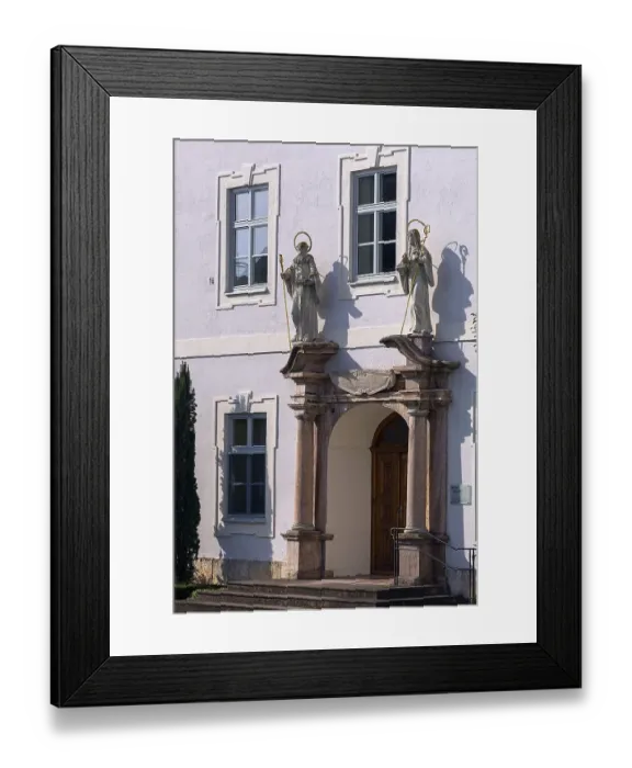 Framed Print : Sculptures of saints at the entrance portal of Frauenwoerth Abbey
