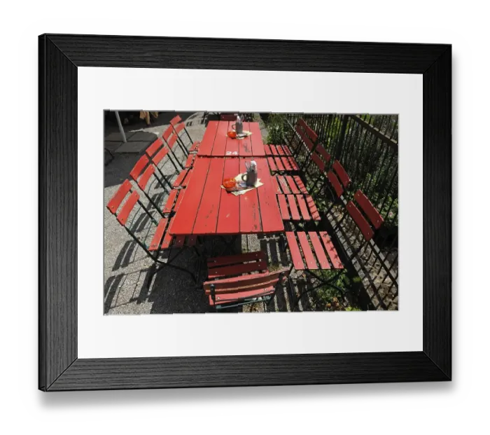 Framed Print : Red beer garden tables, inn from Muehlhausen in the Franconian Open Air Museum Framed Print : Red beer garden tables, inn from Muehlhausen in the Franconian Open Air Museum