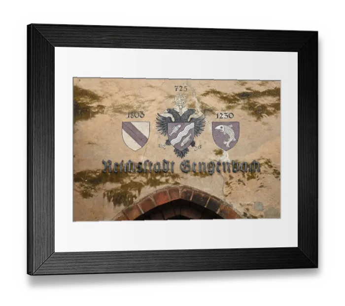 Framed Print : Three town coats of arms above the gate at the 13th century Kinzigtorturm Framed Print : Three town coats of arms above the gate at the 13th century Kinzigtorturm