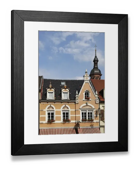 Framed Print : House facade from 1897 behind the tower of the Marienkirche