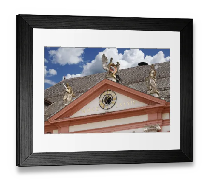 Framed Print : Three sculptures on the classicist town hall from 1784: on the left the Justitia Framed Print : Three sculptures on the classicist town hall from 1784: on the left the Justitia