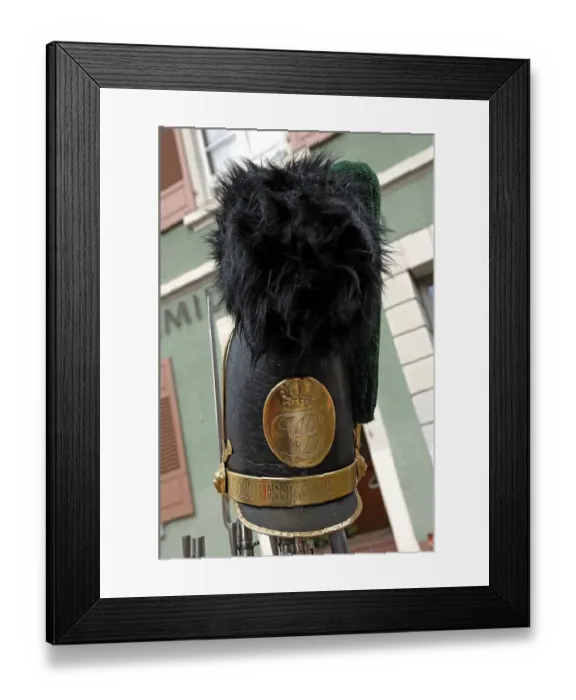 Framed Print : Helmet from the Baden Hunter Battalion of the Napoleonic Troops of 1808 at a Historical Festival in Gengenbach