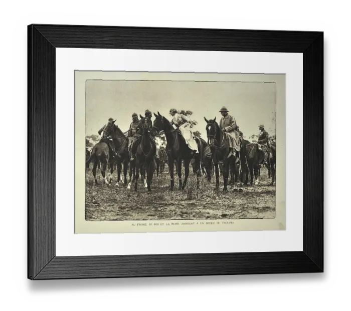 Framed Print : King Albert I and queen Elisabeth on horseback greeting soldiers in Flanders during the First World War