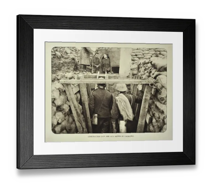 Framed Print : Soldiers at shelter in trench at Kaaskerke in Flanders during the First World War