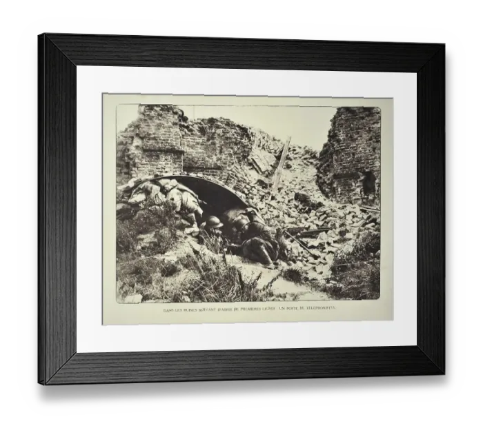Framed Print : Soldier using telephone at observation post in ruin in Flanders during the First World War Framed Print : Soldier using telephone at observation post in ruin in Flanders during the First World War