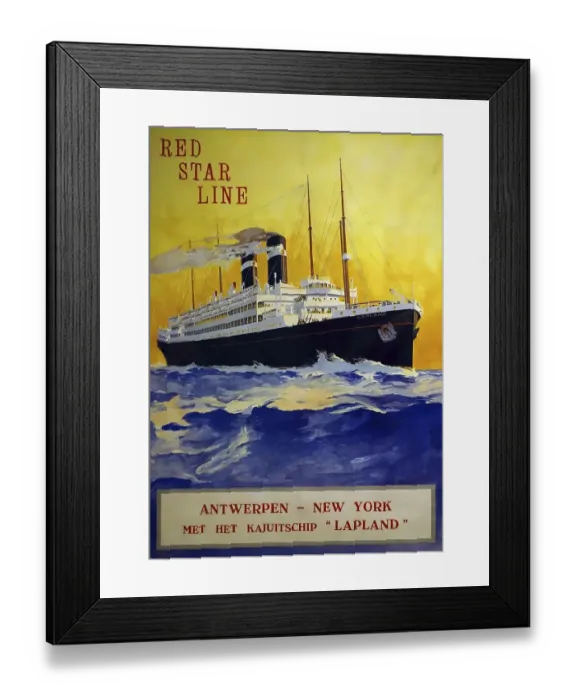 Framed Print : 1920 vintage poster of the Red Star Line showing the SS Lapland passenger ship sailing under Belgian flag between Framed Print : 1920 vintage poster of the Red Star Line showing the SS Lapland passenger ship sailing under Belgian flag between